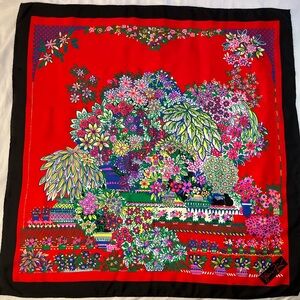 Diane Freis silk scarf Vtg Handrolled Black Cats Garden Floral Black Red 33x33